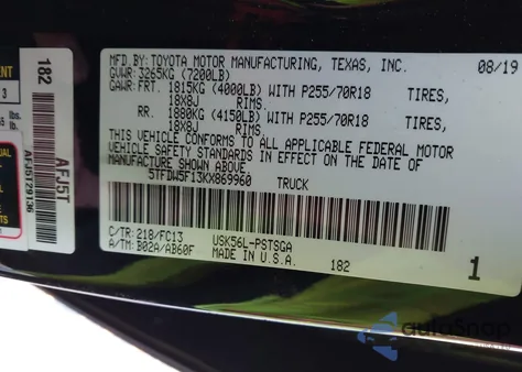 2019 Toyota Tundra Sr5 5.7L V8 z USA, uszkodzony, nr VIN 5TFDW5F13KX869960